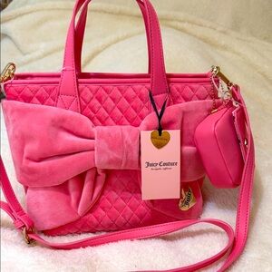 Juicy Couture Pink Velour Quilted with large Bow Shoulder Bag